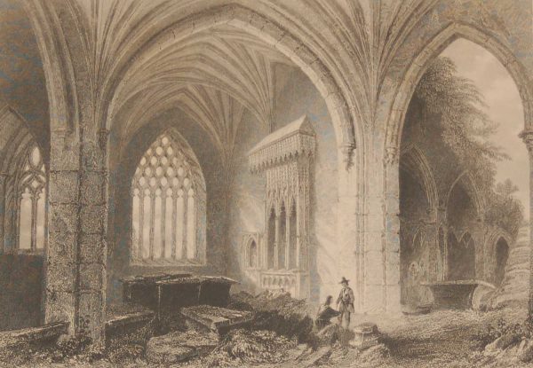 1841 Antique print of the Interior of Holy Cross Abbey,Tipperary, Ireland. The print was engraved by E J Roberts and is after a drawing by William Bartlett.