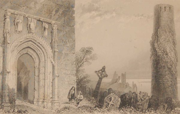 1841 Antique Steel engraving of the Entrance Doorway Temple McDurmott, Clonmacnoise, Offally , Ireland. The print was engraved by Robert Brandard and is after a drawing by William Bartlett.