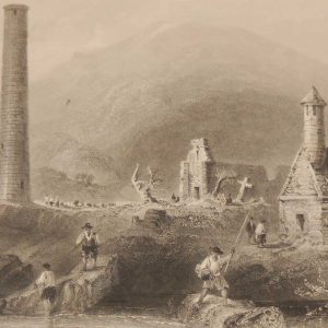1841 Antique Steel engraving of the Round Tower, Glendalough, Ireland. The print was engraved by J C Bentley & is after a drawing by William Bartlett.
