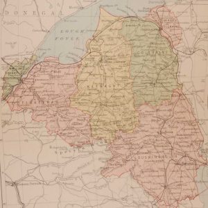 1881 Antique Colour Map of The County of Derry printed by George Philips, with the map constructed by John Bartholomew and edited by P. W. Joyce.