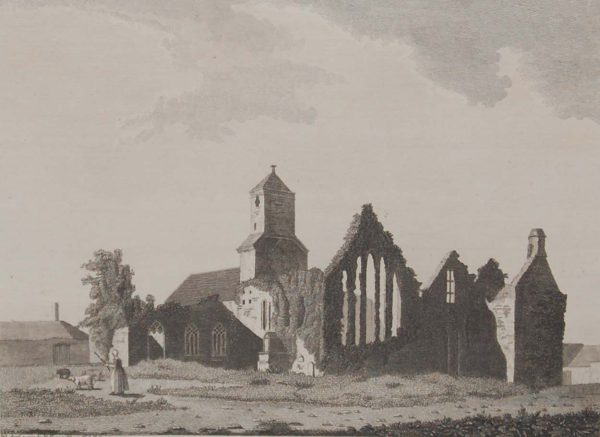 1797 antique print a copperplate engraving of Ennis Abbey in County Clare, Ireland. Ennis Abbey dates from the 13th century.