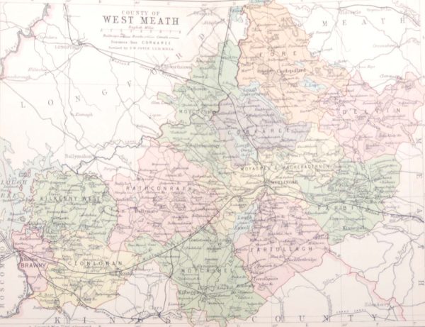 1881 Antique Colour Map of The County of Westmeath printed by George Philips, with the map constructed by John Bartholomew and edited by P. W. Joyce.