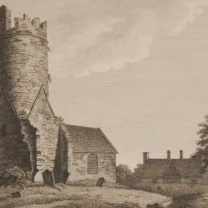1797 antique print a copper plate engraving of Kilussy Church, County Kildare, Ireland.