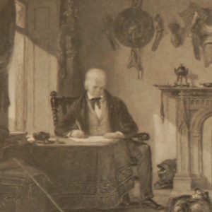 Antique print, Victorian, an engraving published in 1840 after a painting by W Allan A.R.A. titled The Author of Waverly in his study.