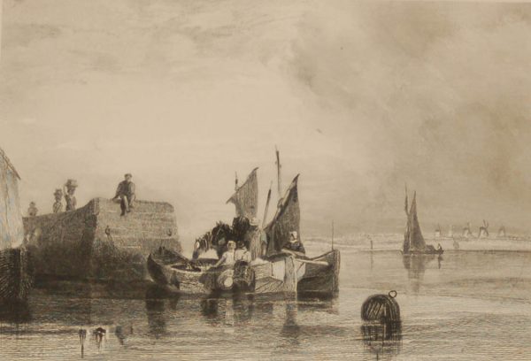 Antique print, Victorian, an engraving published in 1840 after a painting by Austin Pinx titled The Market Boat. The work was engraved by Grundy.