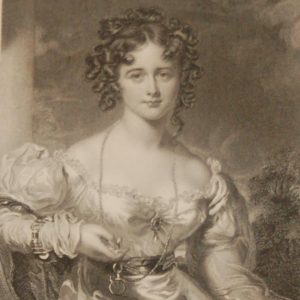 Antique print, Victorian, an engraving published in 1840 after a painting by T Laurence titled Miss Croker. The work was engraved by Thompson.