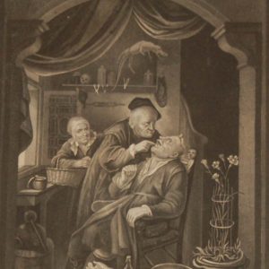 Antique print, Victorian, an engraving published in 1840 after a painting by G Douw titled The Tooth Drawer. The work was engraved by Read.