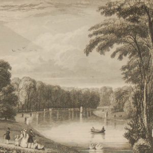 Antique print, Victorian, an engraving published in 1840 after a painting by J Sargeant titled View from the Bridge. The work was engraved by H Wallis. 