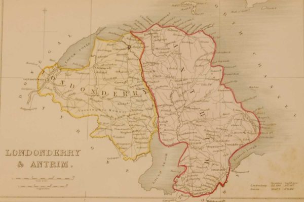Antique colour Map of Derry and Antrim, the map was engraved by A Adlard and published by Hall and Virtue in London. These maps are referenced as being produced between 1846 and 1850.
