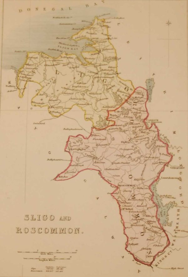 Antique colour Map of Sligo and Roscommon, the map was engraved by A Adlard and published by Hall and Virtue in London.