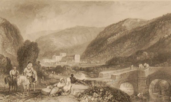 Rievaulx Abbey Yorkshire, antique print, an engraving from circa 1880 after the original painting by J M Turner.