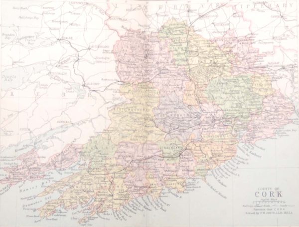 Antique colour map of the County of Cork, printed in 1881.