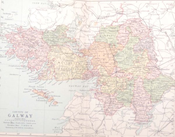 1881 Antique Colour Map of The County of Galway printed by George Philips, with the map constructed by John Bartholomew and edited by P. W. Joyce.