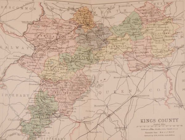 1881 Antique Colour Map of The County of Offaly printed by George Philips, with the map constructed by John Bartholomew and edited by P. W. Joyce.