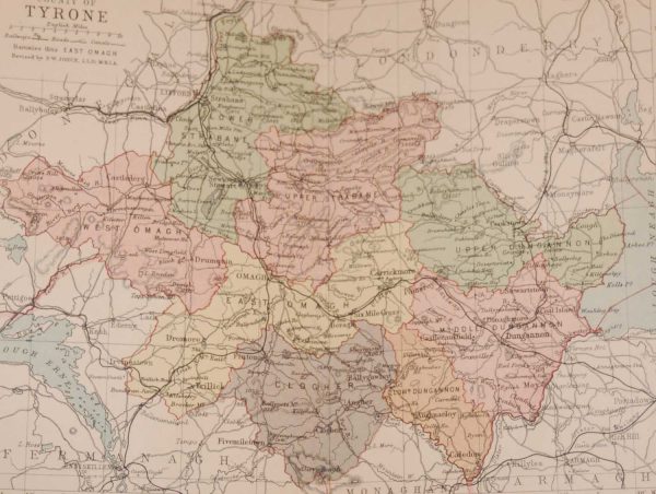 1881 Antique Colour Map of The County of Tyrone printed by George Philips, with the map constructed by John Bartholomew and edited by P. W. Joyce.