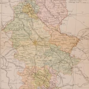 Antique colour map Victorian of the County of Stafford, printed in 1895, maps by George Philips based in London & Liverpool.