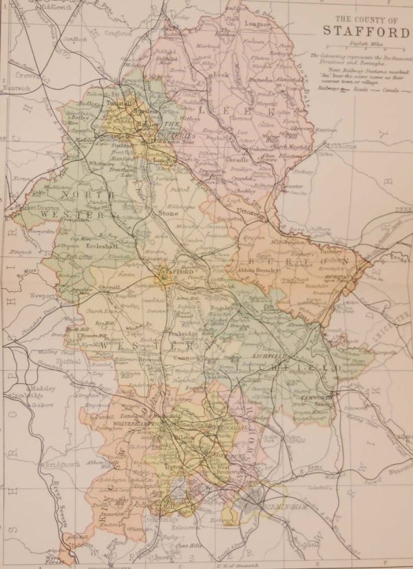 Antique colour map Victorian of the County of Stafford, printed in 1895, maps by George Philips based in London & Liverpool.