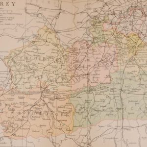 Antique Victorian colour map of the County of Surrey, printed in 1895, maps by George Philips based in London & Liverpool.
