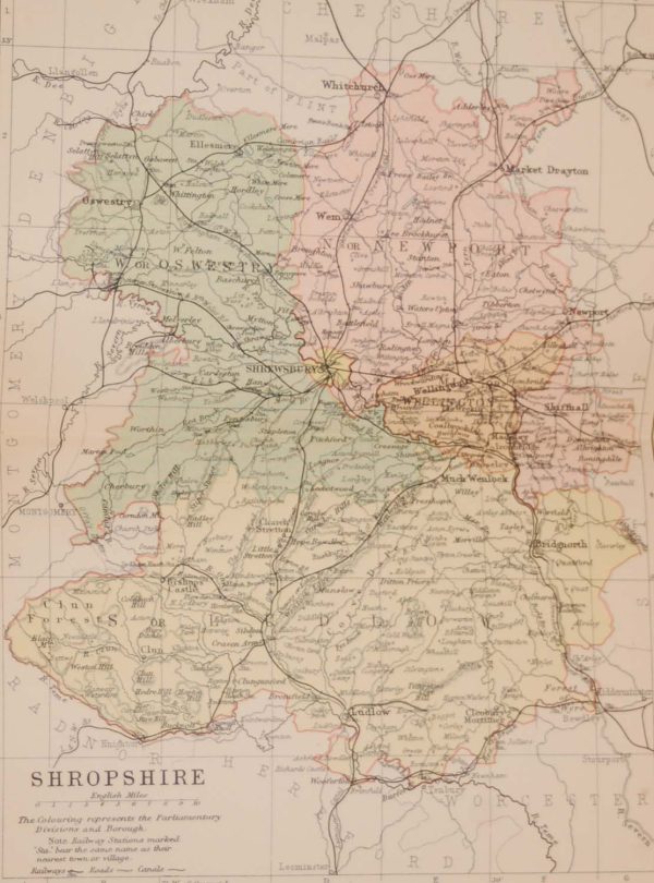 Antique colour map of the County of Shropshire, printed in 1895, maps by George Philips based in London & Liverpool.