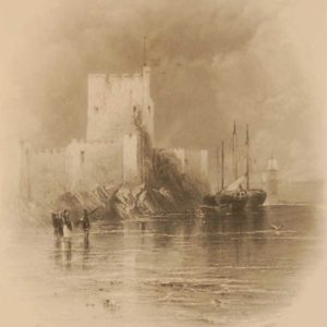 1850 antique print a steel engraving of Carrickfergus in County Antrim. The print was engraved by R Wallis and is after a drawing by T Creswick.