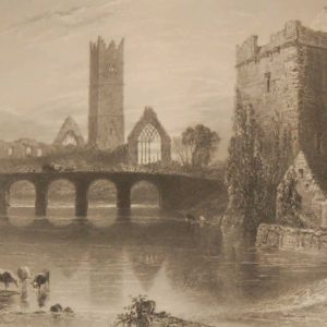 1850 antique print a steel engraving of the Abbey at Claregalway in County Galway. The print was engraved by J Cousen and is after a drawing by W H Bartlett.