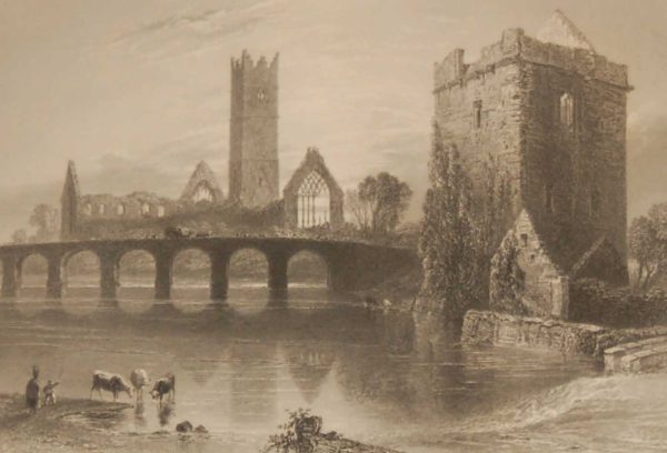 1850 antique print a steel engraving of the Abbey at Claregalway in County Galway. The print was engraved by J Cousen and is after a drawing by W H Bartlett.