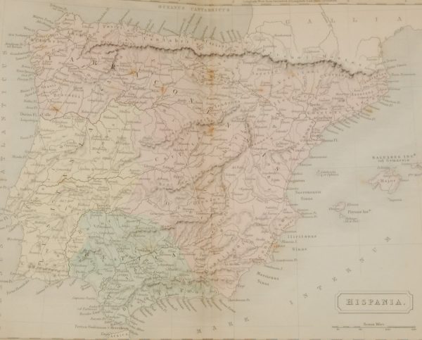 1851 antique map titled Hispania, which is the Romain name for the whole Iberian peninsula, the map has the roman place names and states of the time.