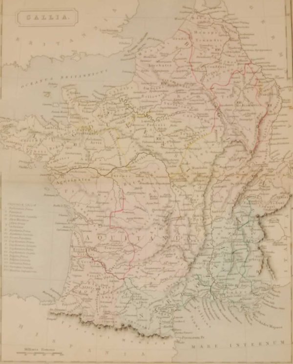 1851 antique map of Gallia, Gallia and Gaul where the Roman names for what we call France today. Map has the list of the Roman provinces of France.