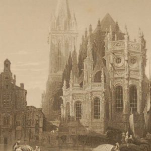 Caen Cathedral, antique print, Victorian, an engraving from circa 1880 after the original painting by David Roberts.