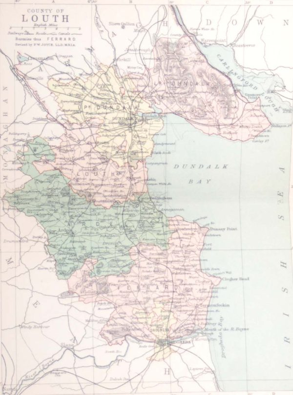 1881 Antique Colour Map of The County of Louth printed by George Philips, with the map constructed by John Bartholomew and edited by P. W. Joyce.