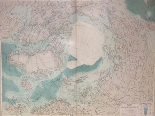 Large vintage map from 1922 titled North Polar Region. The map shows the North Pole and bordering areas, Alaska, Greenland and Siberia.