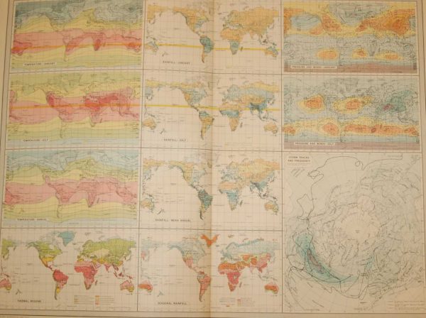 Large vintage map from 1922 titled World Climate. The map looks at temperature, rainfall, pressure and winds.