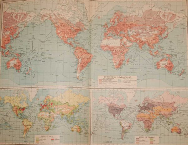 Large vintage map from 1922 titled World Commerce. The map is broken into three parts, commercial development, occupations and commercial traffic.