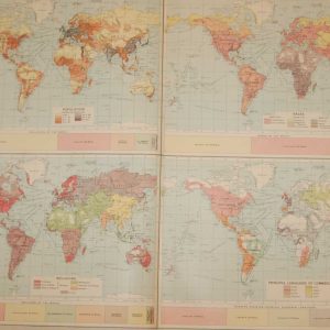 Large vintage map from 1922 titled World Population. The map is broken into four quadrants each containing a smaller world map focusing on different elements, population, race, religions and languages of the time.