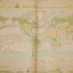 Large vintage map from 1922 titled World Vegetation and Ocean Currents. The map is broken into a main world map and then six smaller maps