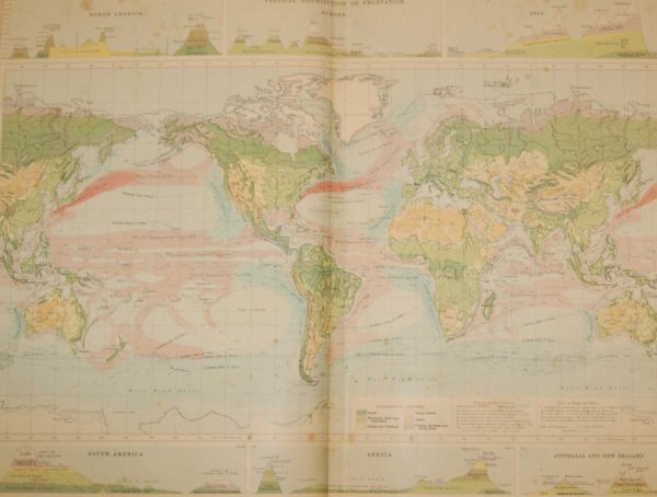 Large vintage map from 1922 titled World Vegetation and Ocean Currents. The map is broken into a main world map and then six smaller maps