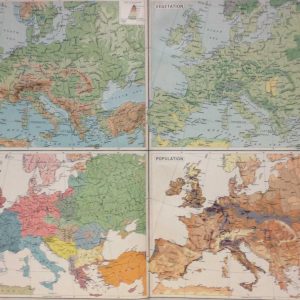 Large vintage map from 1922 titled Europe Physical Features Population . The map is broken into four smaller maps each showing different topics Orography, Vegetation, Ethnography and Population.