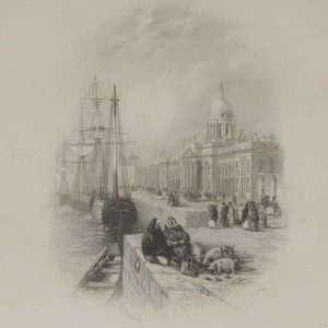 Antique print of the Custom House, Dublin, now O'Connell Street, a steel engraving from 1837, after a drawing by Thomas Creswick & was engraved by H Griffith.