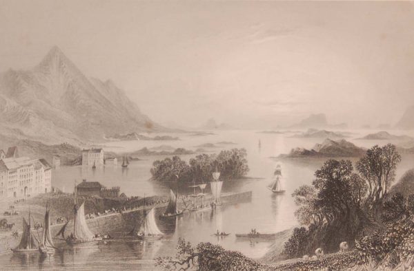 1841 Antique print a steel engraving of Clew Bay from Westport, County Mayo, Ireland . The print was engraved by R Wallis and is after a drawing by William Bartlett.