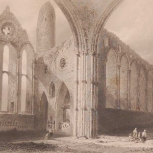 1841 Antique print a steel engraving of the Interior of Cashel Abbey, County Tipperary, Ireland . The print was engraved by E J Roberts and is after a drawing by William Bartlett.