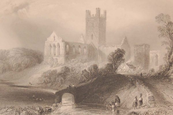 1841 Antique print a steel engraving of Jerpoint Abbey, Kilkenny, Ireland . The print was engraved by C Cousen and is after a drawing by William Bartlett.