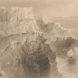 1841 Antique print a steel engraving of Plaisken Cliff near the Giants Causeway, County Antrim, Ireland . The print was engraved by J C Bentley and is after a drawing by William Bartlett.