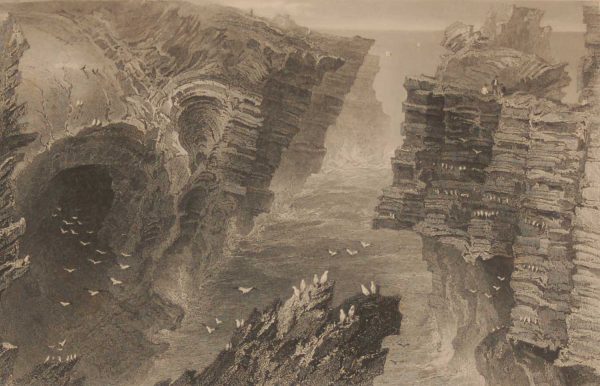 1841 Antique print a steel engraving of the Puffin Hole Kilkee, County Clare, Ireland . The print was engraved by F W Topham and is after a drawing by William Bartlett.