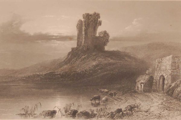1841 Antique Steel engraving of the ruins of Kilcoman Castle in County Cork Ireland . The print was engraved by John Cousen and is after a drawing by William Bartlett.
