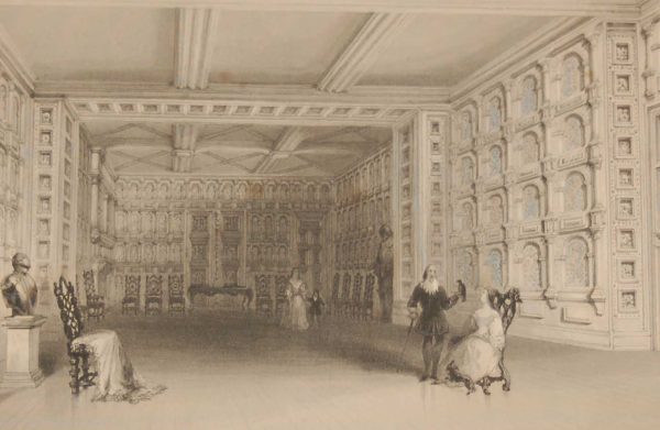 1841 Antique Steel engraving Interior of a Room Malahide Castle . The print was engraved by E Challis and is after a drawing by William Bartlett.