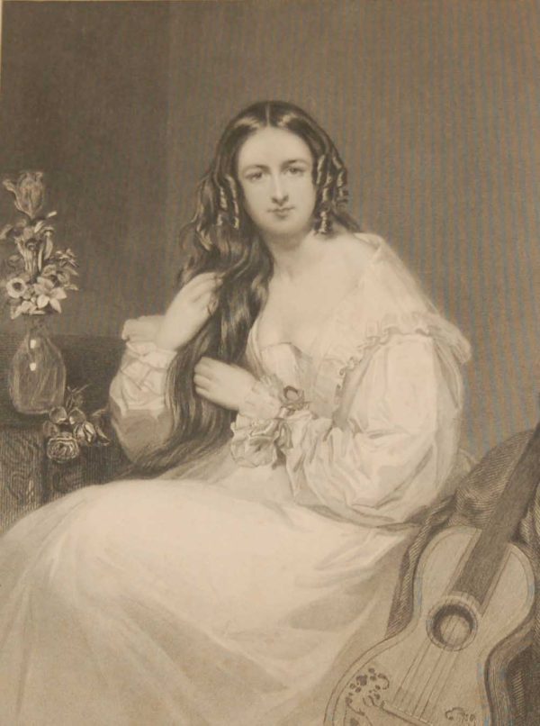 Antique print an engraving 1844 of Katherine Arlie with guitar. Engraved by H Cook and painted by J Bostock. Early Victorian period.
