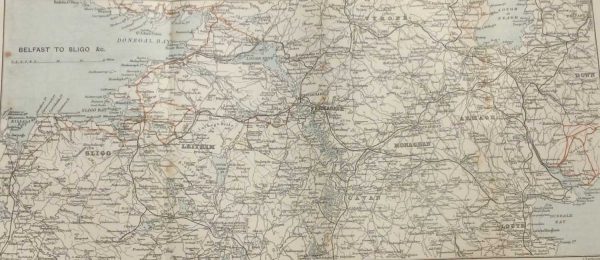 Antique map of Belfast to Sligo from 1887. Map shows counties Down, Armagh, Louth, Monaghan, Tyrone, Leitrim, Cavan also.