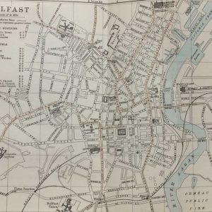 Antique plan, a map of Belfast from 1887. The map was originally produced as a guide for visitors to Belfast and as well as a street guide it contains on the left a list of Railway Stations and hotels.