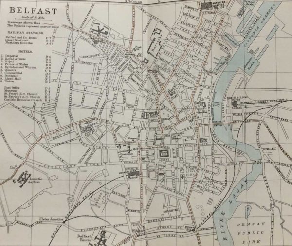 Antique plan, a map of Belfast from 1887. The map was originally produced as a guide for visitors to Belfast and as well as a street guide it contains on the left a list of Railway Stations and hotels.
