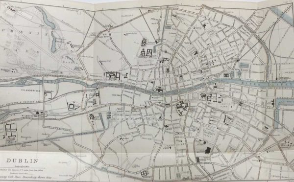 Antique plan, a map of Dublin from 1887. The map was originally produced as a guide for visitors to Dublin and as well as a street guide it contains on the right a list of Railway Stations, Hotels and some Public Buildings in Dublin.